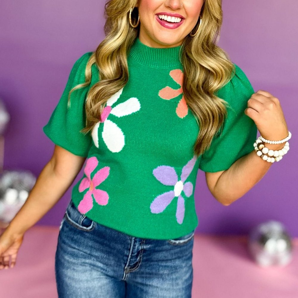 Bright Green Floral Bubble Short Sleeve Sweater